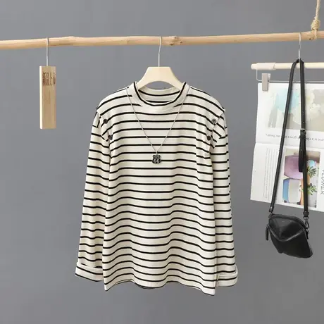 t恤衫女长袖设计感条纹体恤2023年秋季新款休闲上衣宽松打底衫图片