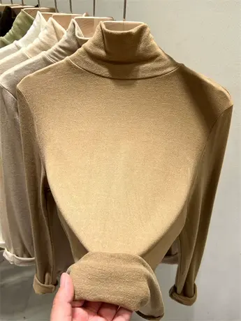 磨毛高领T恤羊绒加厚小衫女2022秋冬新款纯色软糯修身长袖打底衫商品大图