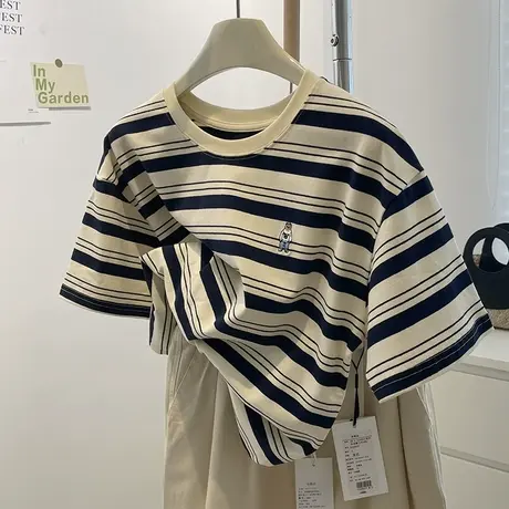 显白撞色条纹短袖女！韩风chic刺绣宽松显瘦圆领休闲上衣学生T恤商品大图