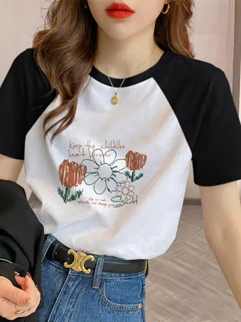 仿棉短袖正肩t恤女2023夏季新款小众设计感撞色插肩袖显瘦上衣服图片