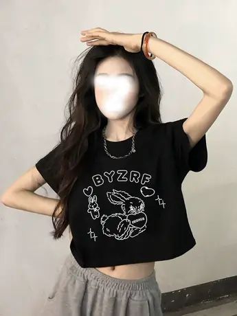 纯棉正肩短袖t恤女韩版ins潮小个子美式复古宽松甜辣妹风短款上衣图片