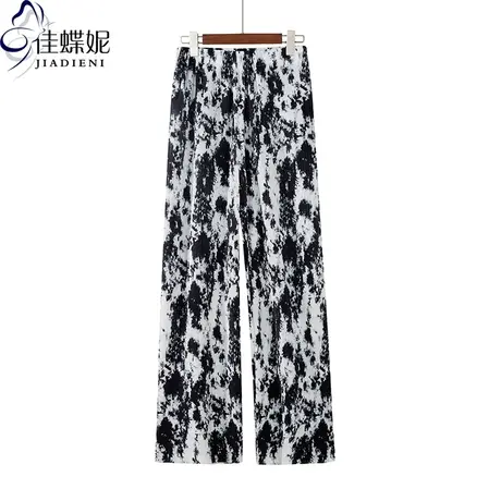 夏季新款气质显高斑纹直筒宽松休闲裤女下装薄款松紧腰长裤图片