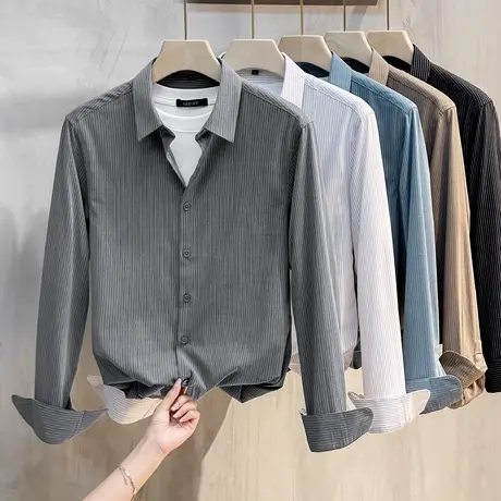 男士衬衫长袖轻熟风条纹高端男装修身上衣商务免烫衬衣2023春秋款商品大图