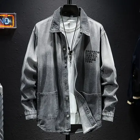 春季男士夹克日系潮流休闲上衣大码外套外穿衬衫潮牌字母印花衣服图片