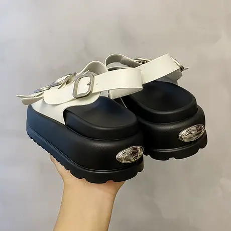 百搭不累脚运动凉鞋女2023年夏季新款休闲时尚一字扣带黑色罗马鞋图片