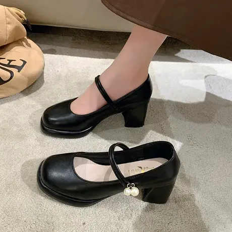 玛丽珍鞋女秋季2023新款粗跟浅口高跟单鞋配裙子显瘦英伦风小皮鞋商品大图