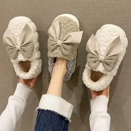 棉拖鞋女冬季2023年新款可爱蝴蝶结包跟厚底毛绒保暖室内家居棉鞋商品大图