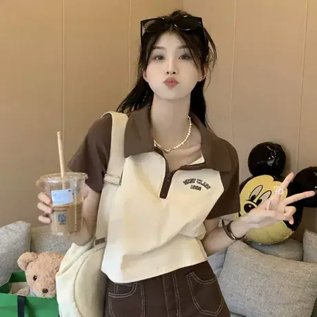 大码女夏装拼色插肩短袖polo领t恤女美式复古辣妹上衣200斤胖mm潮商品大图