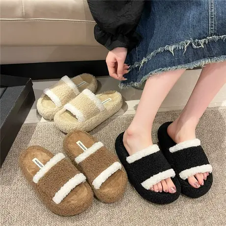 网红欧货厚底毛毛拖鞋女外穿高级感2024新款秋冬黑色羊毛羔棉拖鞋商品大图