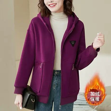 加绒连帽卫衣外套女秋冬2022年新款时尚大口袋宽松运动服中厚外衣图片