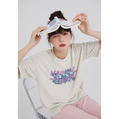 美式复古纯棉白色正肩短袖t恤女夏潮牌小个子港味复古chic上衣商品大图