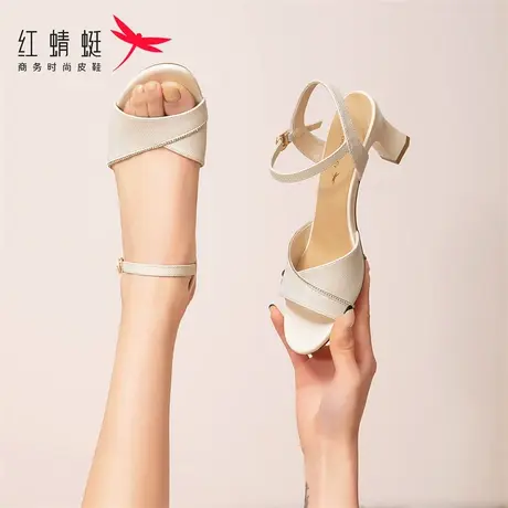红蜻蜓凉鞋女2023夏季新款粗跟时装凉鞋法式气质百搭一字带高跟鞋图片
