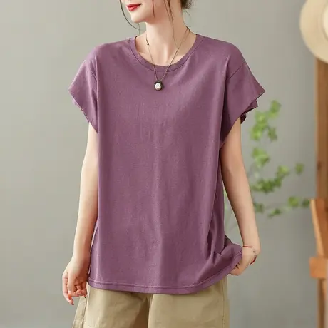 dza白色纯棉短袖T恤女2023夏季薄款圆领打底体恤宽松显瘦套头上衣商品大图