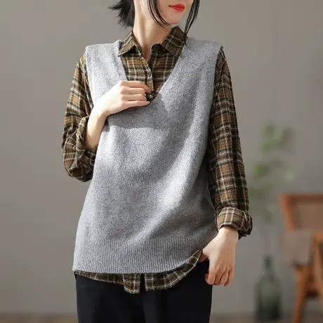 dza文艺复古羊毛V领针织马甲女士春秋新款背心马夹外搭坎肩毛衣女图片