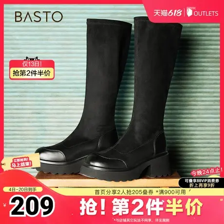 百思图冬季新款商场同款时尚街头弹力靴粗高跟女长靴M5201DG4图片