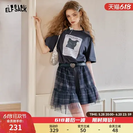妖精的口袋原创猫咪印花格纹网纱连衣裙女2025夏季新款设计感裙子图片