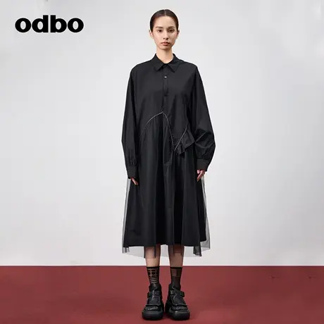 odbo/欧迪比欧Polo领荷叶边网纱拼接黑色连衣裙女春季新款衬衫裙图片
