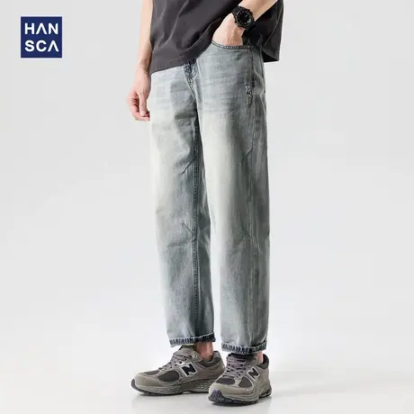 hansca复古高街直筒牛仔裤男2025年春季美式潮流百搭刺绣磨白长裤商品大图
