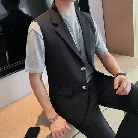 无袖西装九分裤套装时尚百搭男士夏季纯色马甲西服两件套男装外套图片