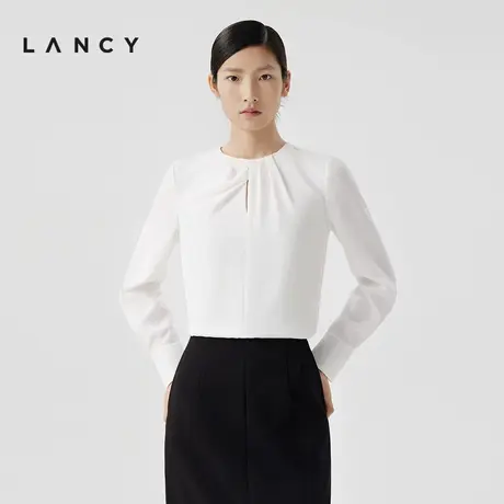 LANCY/朗姿2024春季新款简约圆领捏褶真丝白色套头衫女设计感上衣图片