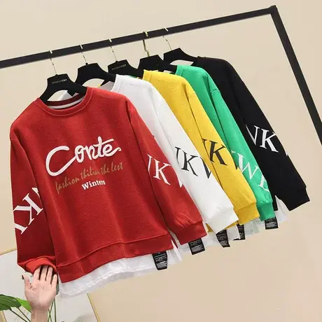 卫衣女士春秋薄款2023年新款韩版宽松时尚百搭减龄假两件圆领上衣商品大图