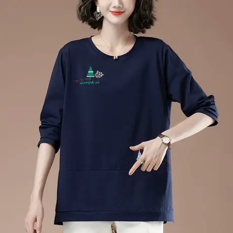 中老年妈妈装长袖t恤女春秋新款加大码宽松纯棉刺绣遮肚子打底衫商品大图