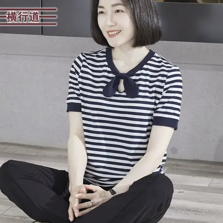 2023夏季新款简约海军风蝴蝶结宽松条纹短袖T恤大码上衣休闲女装商品大图