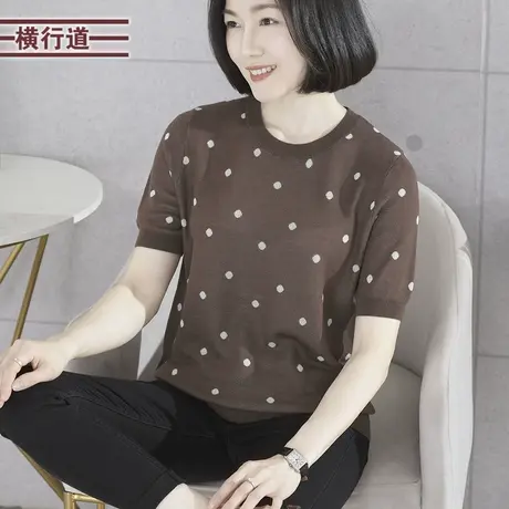 2023新款夏装圆领波点宽松针织短袖女装大码妈妈简约休闲套头上衣商品大图