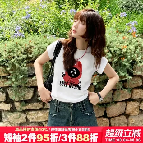 简约风超火小众卡通印花白色短款t恤女夏季新款纯棉正肩百搭上衣商品大图