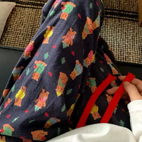 黑底小熊！可爱卡通全棉磨毛宽松舒适长裤可外穿居家睡裤有口袋商品大图