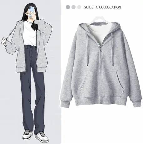 灰色卫衣外套女早秋款2025新款宽松休闲连帽薄款开衫慵懒风上衣潮商品大图