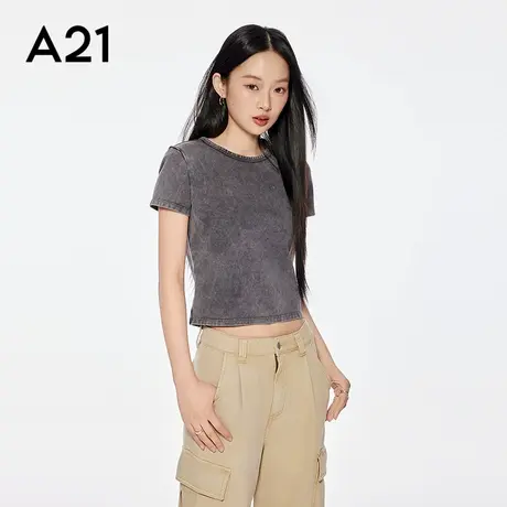 A21女装后背镂空抽褶圆领短款T恤简约设计感套头上衣商品大图