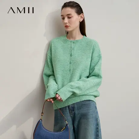 Amii2025秋新款通勤纯色圆领半门襟套头宽松落肩长袖弹力毛衣商品大图