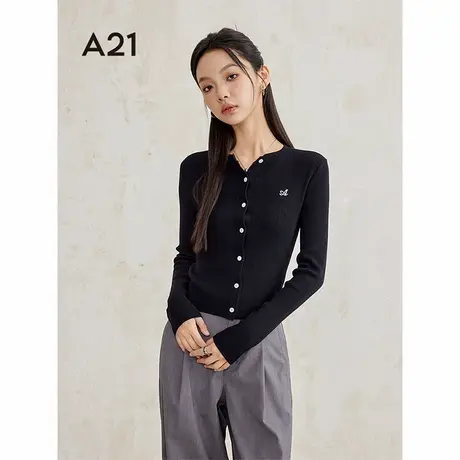 A21女装2024秋季新款纯色圆领百搭开襟针织衫修身显瘦外套上衣商品大图
