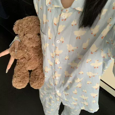 A类纯棉双层纱布大白鹅长袖长裤翻领家居服套装可爱卡通可外穿商品大图