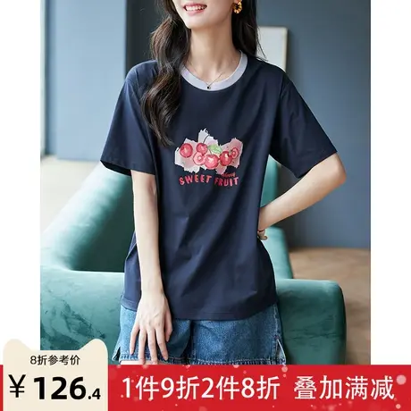 宝诗黎圆领印花棉质上衣女夏季宽松落肩短袖2023新款时尚显瘦T恤图片