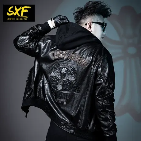 SXF圣希梵2022新款真皮皮衣男 连帽刺绣海宁夹棉皮夹克冬季外套潮商品大图
