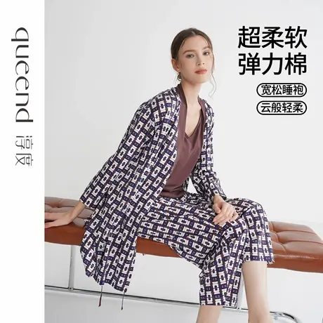 淳度女士秋款睡袍弹力棉印花亲肤柔软舒适高级感可外穿家居服商品大图