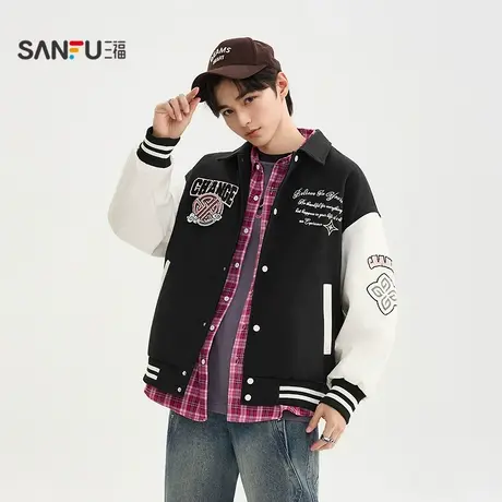 三福2025冬季男士撞色毛巾绣棒球服棉衣 街潮翻领外套510162商品大图