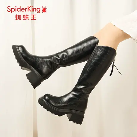 SPIDER KING/蜘蛛王正品女高筒靴2025冬新款薄绒骑士长靴褶皱厚底图片