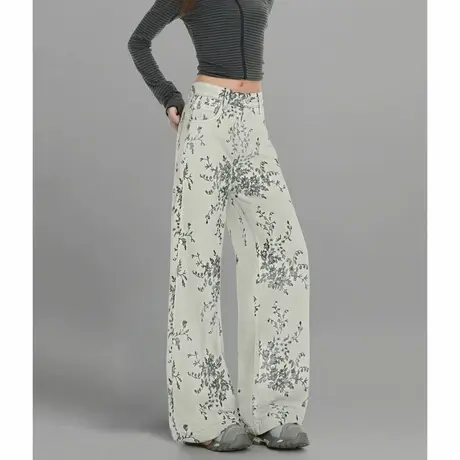 唐狮牛仔长裤女款加绒提花牛仔裤子复古印花宽松百搭直筒裤TD图片