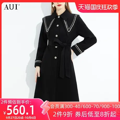 AUI黑色气质娃娃领毛呢外套女冬2023新款高端小众中长款呢子大衣商品大图