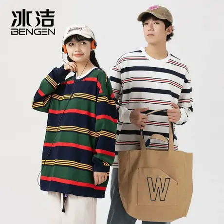 冰洁圆领条纹长袖T恤男士秋冬款百搭美式复古卫衣宽松情侣款BYBL商品大图