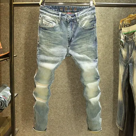 潮牌水洗牛仔裤男款修身小直筒弹力长裤秋冬款美式复古百搭裤子厚商品大图