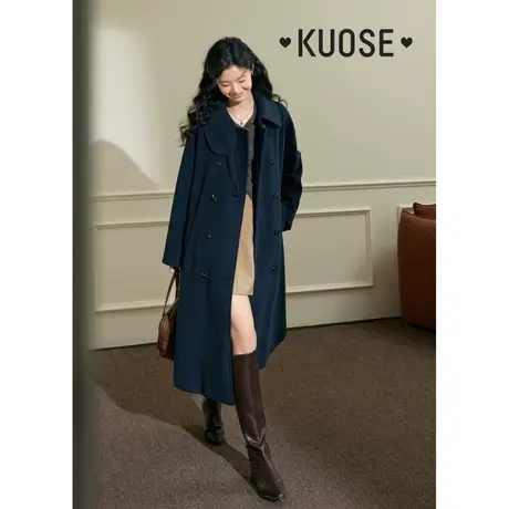 阔色复古墨绿色慵懒风毛呢外套女2023新款秋冬季设计感长呢子大衣商品大图