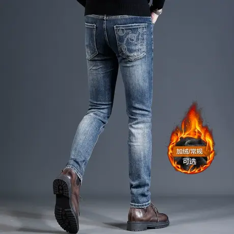 香港加绒牛仔裤男冬季2023新款修身小脚弹力百搭男士长裤子秋冬款图片