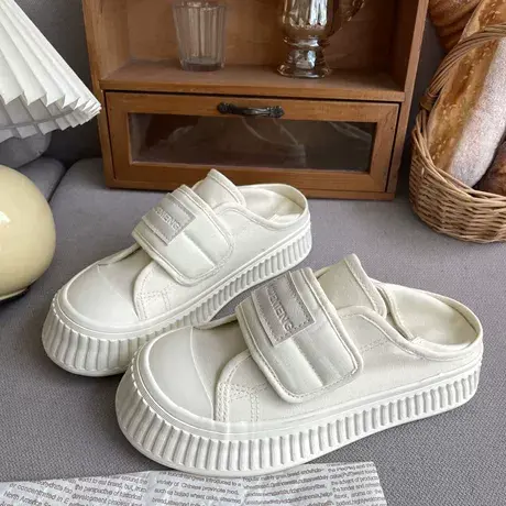 踩跟两穿魔术贴帆布鞋女2023春夏新款百搭半拖韩版学生百搭小白鞋图片