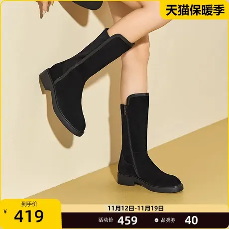 商场同款真皮磨砂皮靴子女中筒靴2023秋冬新款粗跟保暖女靴图片