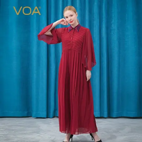 VOA真丝乔其酒红尖领飞飞袖信封褶皱单排扣双层阔腿桑蚕丝连衣裤图片
