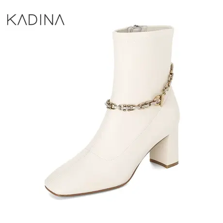 卡迪娜新款商务通勤时装靴高跟短筒羊皮革女靴KA221505商品大图
